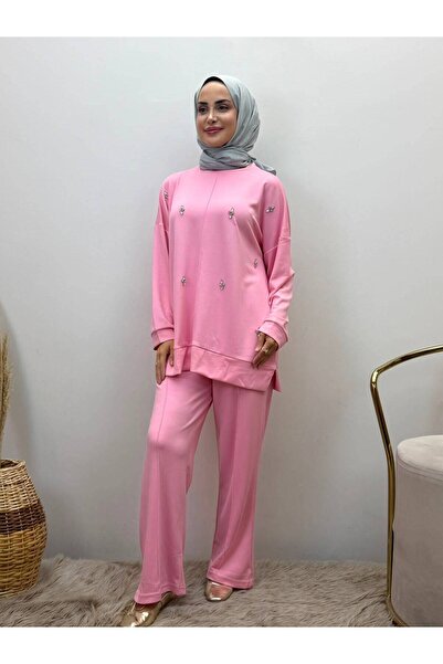 JOOQSTORE Stone-Embellished Two-Piece Modest Tunic and Pants Set
