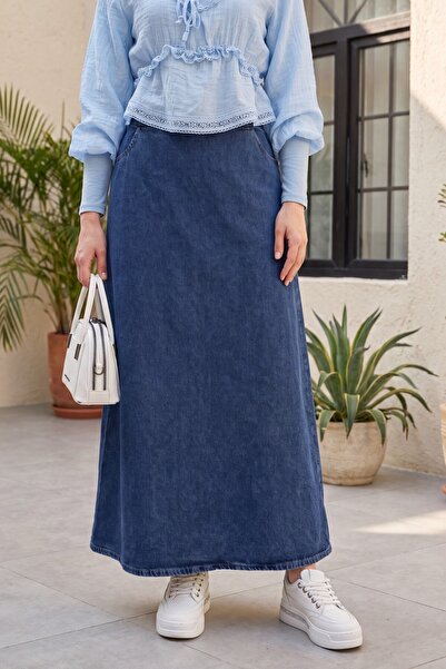 Modamorfo Beli Half Elastic Waist Pocketed Denim Skirt with Embroidery Detail...
