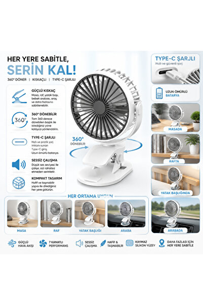 Concord Taşınabilir 3 Kademeli Kıskaçlı Mini Fan Type-C Şarjlı 360° Dönebilir...