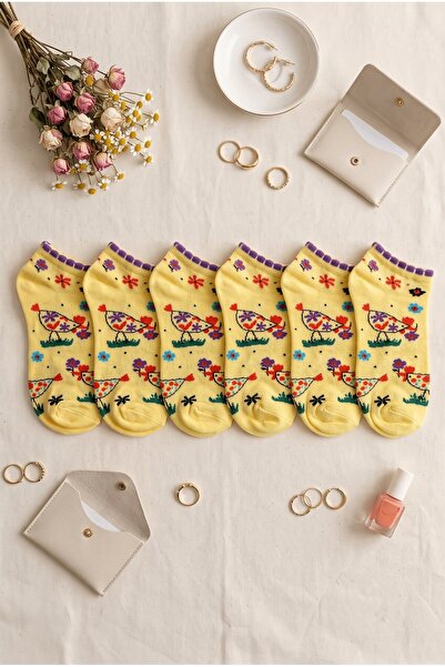 hadiora Set of 6 Yellow Patterned Women's Socks - Soft Cotton