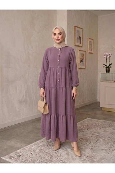 ECEYLÜL MODA %100 Pamuk Önü Düğmeli Siyah Salaş Bol Kesim Kat Kat Uzun Tesett...