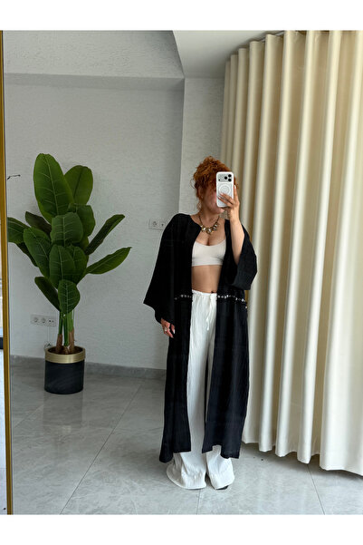 Bak'ap Premium Kuşgözü Detaylı Gofre Keten Bohem Uzun Tesettür Kimono