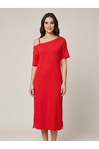 gökçesu Women's Red Asymmetrical Collar Thin Strap Detailed Soft Textured Com...