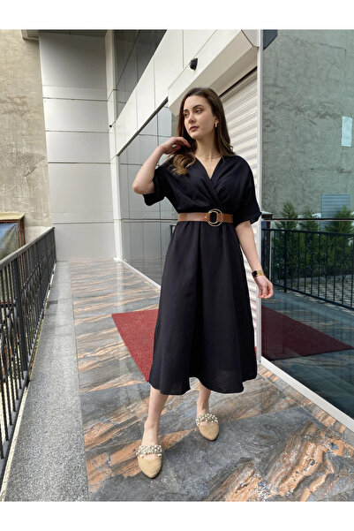 My Blog Black Double-Breasted Collared Belted Dress - 2Y2691