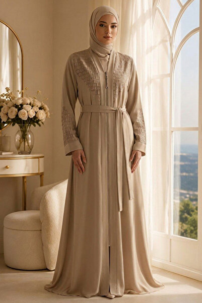 Neva Style Geometric Embroidery Detailed Belted Beige Hijab Robe 29137Bej