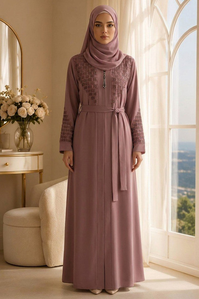 Neva Style Geometric Embroidery Detailed Belted Dusty Rose Hijab Ferace 29137Gk