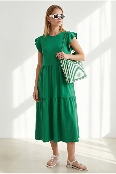 Olalook Women's Grass Green Ruffle Sleeve Fragmented Mini Cotton Dress Elb-19...