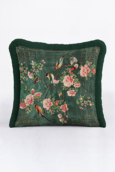 Evimde Bambaşka Exotic Bird Floral Vintage Design Fringe Pillowcase - Pink Gr...