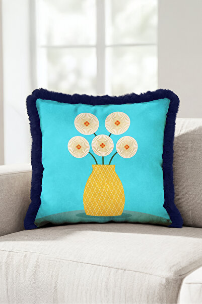 Evimde Bambaşka Turquoise Fringed Pillowcase with Flower Vase - Nordic Floral...