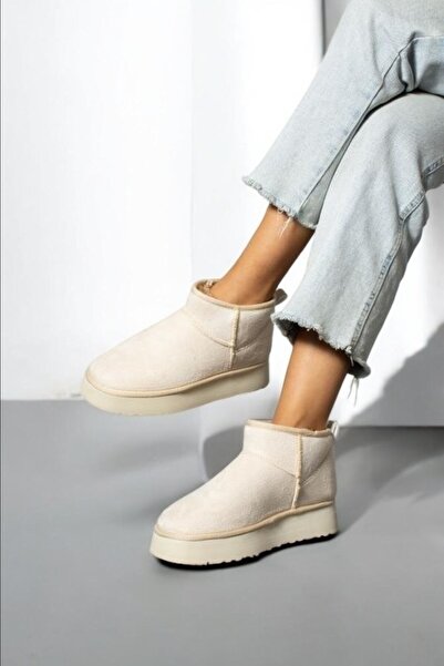 Mega Bazaar Women's Beige Fur Lined Thick Sole Ankle Short Cold Resistant Sue...