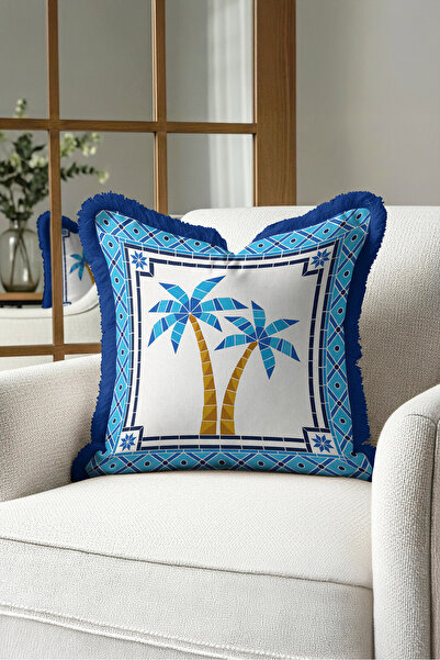 Evimde Bambaşka Palm Tree Mediterranean Blue Mosaic Fringed Pillowcase - Trop...