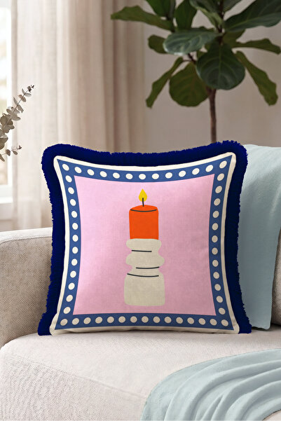 Evimde Bambaşka غطاء وسادة بتصميم Mum Design منقط ومزين بالشراشيب - غطاء وساد...