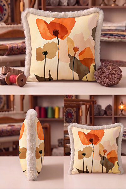 Evimde Bambaşka Floral Poppy Patterned Fringed Pillowcase-Natural Floral Oran...