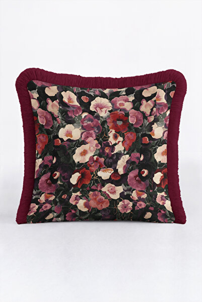 Evimde Bambaşka Floral Spring Design Fringed Pillowcase - Romantic Floral Black Burgundy Tassel Throw Pillow Cover
