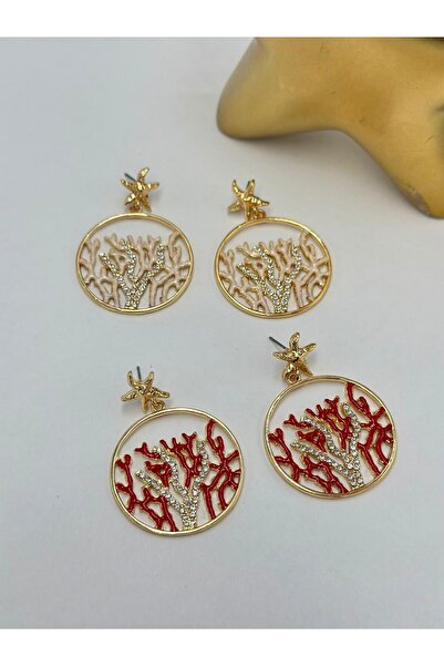BYYEŞO Zircon Stone Detailed Colorful Coral Earrings (Brass Plated) Beige