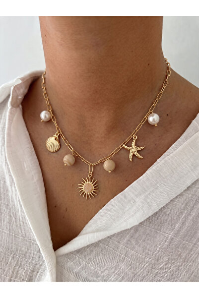 Esdem Accessories Altın Sarısı Ataç Zincirli Güneş Ve Çoklu Charm Kolye