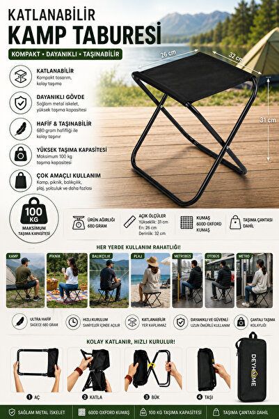 DEYHOME Katlanır Kamp Taburesi Portatif Katlanabilir Tabure 100 Kg Taşıma Kap...