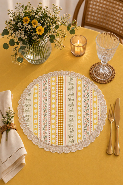 ALAMODECOR Yellow Floral and Checkered Lace Round American Service Set of 6