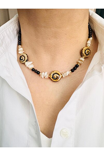 DEVİ fashion Porcelain Snail Design Agate Natural Stone Necklace 44 cm