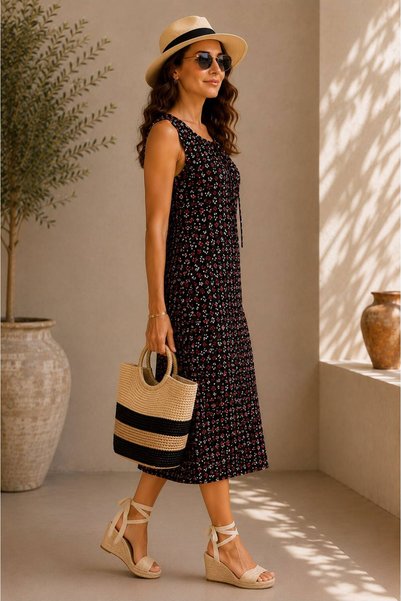 ÖNE BUTİK Women's Summer Dress with Thick Straps and Lace-Up Cotton Combed Cloth Li̇kapa
