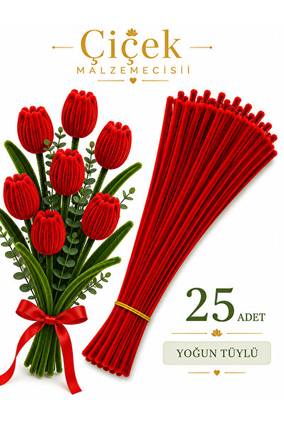 KLC Çiçek Malzemecisii Kırmızı Yoğun Tüylü Şönil Tel | 30 CM | 25 Adet | Çiçe...
