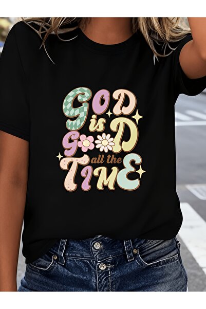 LİNA06 تي شيرت مطبوع بأكمام قصيرة من Good All The Time، بلوزة كاجوال برقبة دا...