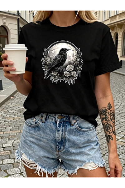 NOURAM Women's Gothic Vintage T-Shirt - Raven Moon & White Roses Print Short ...