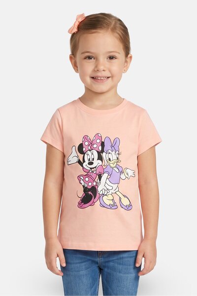 Disney Kids Girl Crew Neck Short Sleeve Mickey Minnie Print T-Shirt, Peach