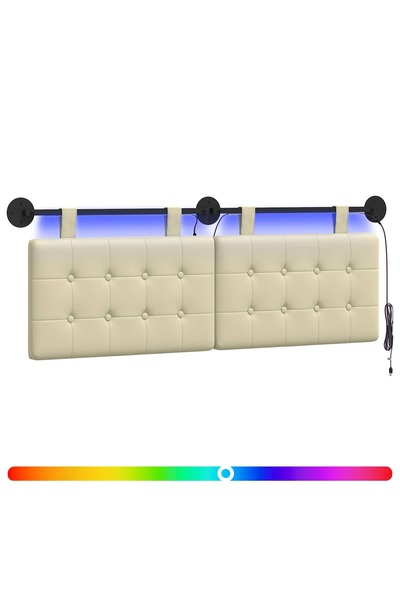 vidaxl Tăblie de pat suspendată Cu lumină LED Crem Piele artificială