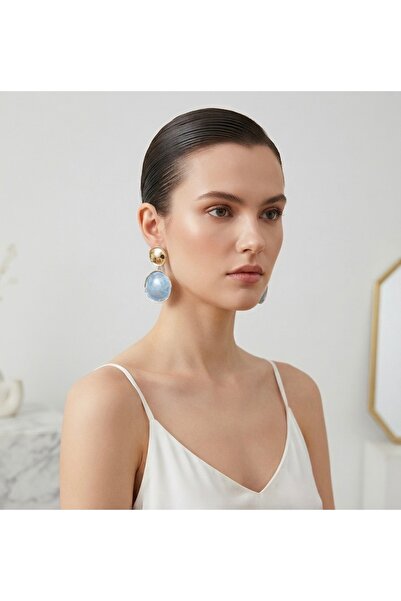 DAZLİNGACCESSORY Gold Color Blue Look Round Dangle Earrings