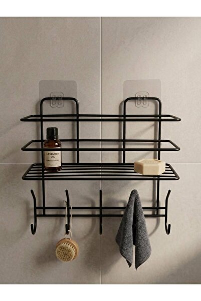 Yapışkanlı Banyo Rafı 10 Askılıklı Duş Rafı Montaj Gerekmez Siyah Metal Düzenleyici