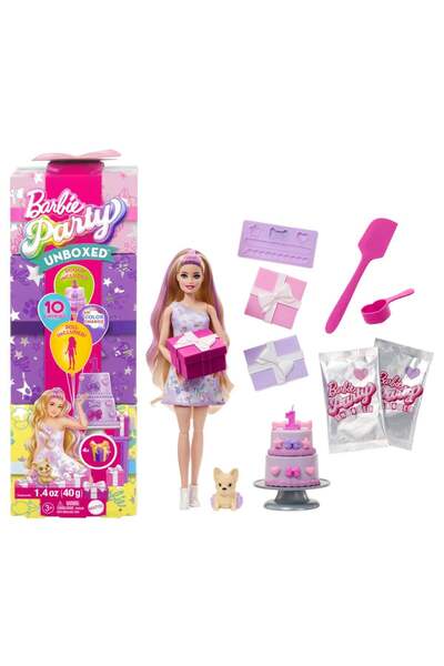Barbie Papusa cu accesorii surpriza Barbie, Party Unboxed, Pet Birthday, JFG70
