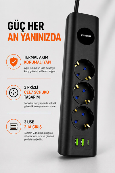 Coverzone 3'lü Akım Korumalı Priz 3 USB 2500W Anahtarlı 2 Metre Kablolu Çoklu...