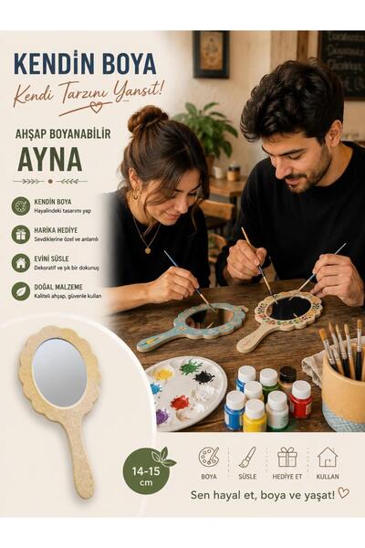 Novaly Store Boyanabilir Ahşap El Aynası – Kendin Boya Dekoratif Makyaj Aynas...