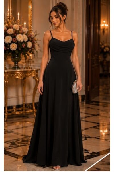OEM Rochie lungă neagră pentru ocazii speciale, cu corset și bust drapat, măr...