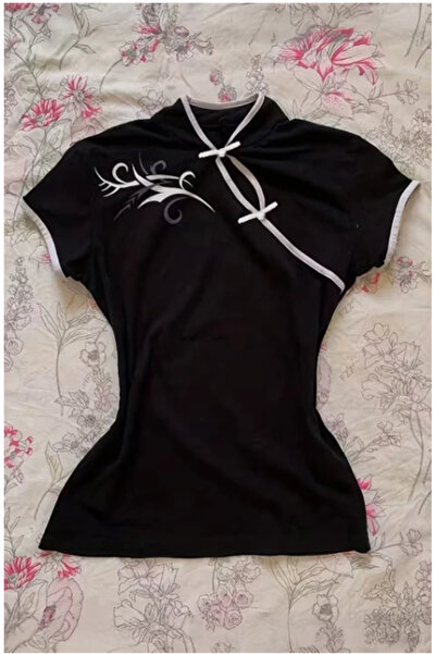 BALİNA Siyah Çin Yakalı Floral Motifli Beyaz Şeritli Vintage Y2K Kısa Kollu Crop