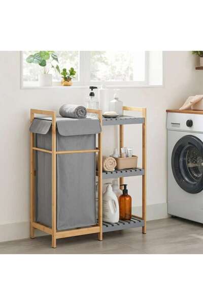 PAN HOME Avilia 3 Tier Shelves With Laundry Basket 48x33x76cm-Natural Grey