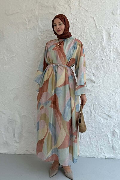 Modaensarbutik Karışık Desenli Biye Kuşaklı Tesettür Elbise-PEMBE