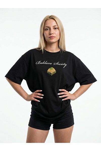 TrendAllStore Black Color Baklava Society Printed Short Sleeve Oversize Summe...