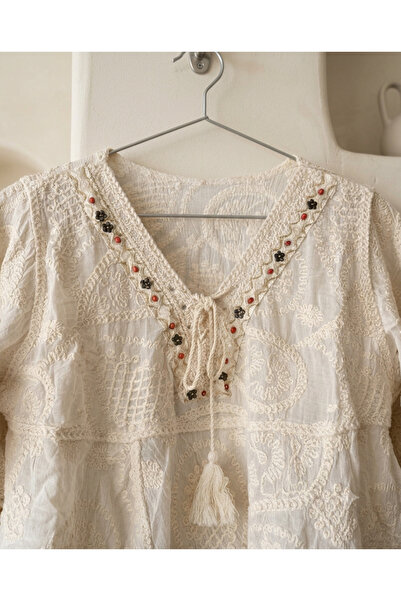 Yoncha Studio Authentic Embroidered Women's Blouse – Bohemian Tassel Detailed...
