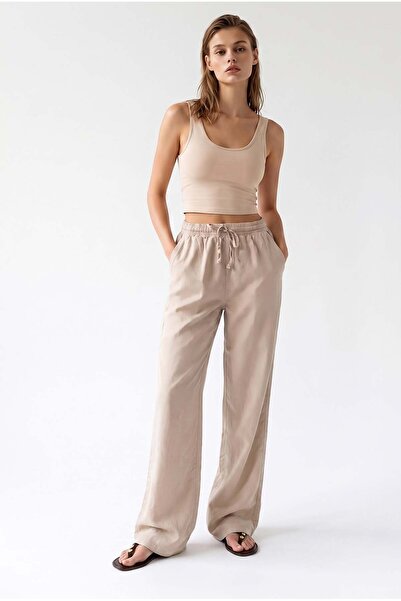 Mixray 4953 Women's Comfortable Cut Elastic Waist Palazzo Trousers Stone