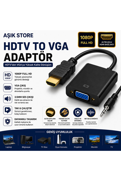 AŞIK STORE HDMI to VGA Adaptör 1080P Full HD Altın Uçlu 3.5mm Ses Çıkışlı HDM...