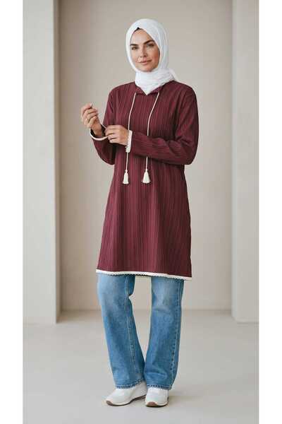 ECE GİYİM Women's Tunic with Collar, Cord Detail on Sleeves and Skirt, Lace Detail at the Hem, Plus Size