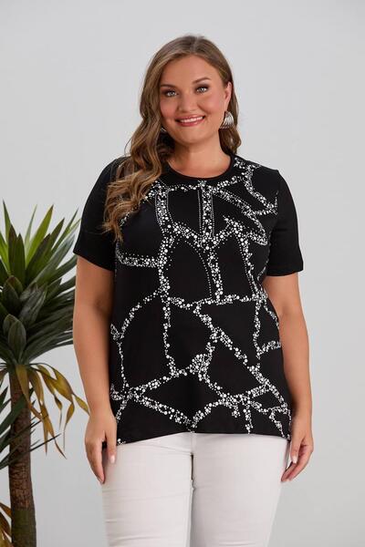 Hermevsim Wearon Women's Derya Front Geo Printed Stoned Short Sleeve Black T-...