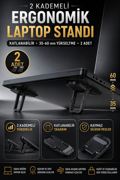 Hane Dostu 2 Parça Siyah Laptop Standı 2 Kademeli Yükseltici Katlanabilir Not...
