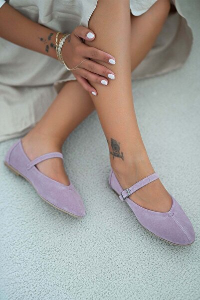 Parponi Will Belted Round Toe Genuine Suede Leather Ballerinas Lilac
