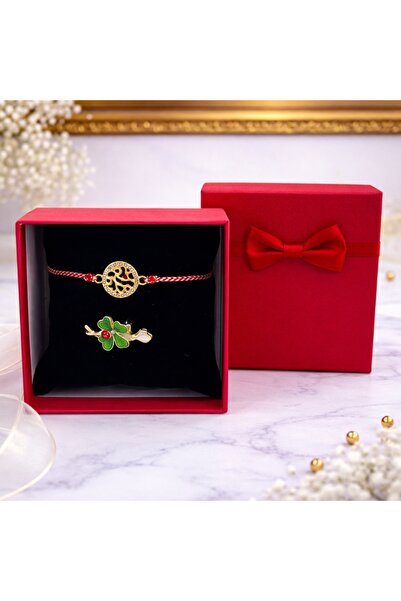 velve Set Martisor bratara cu snur rosu-alb Copacul Vietii si brosa trifoi ve...