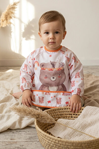 eco port Bery Boho Liquid-Proof Long Sleeve Baby Bib - Boho Teddy Bear Patter...