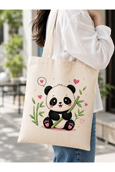 Tomris Hatun Panda Themed Printed Raw Cloth Bag, Shoulder Bag, Shopping Cloth...