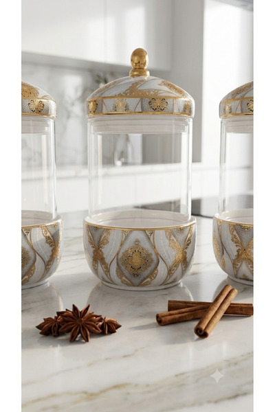Dia 3-Piece Porcelain Detailed Spice Jar Set with Vacuum Lids